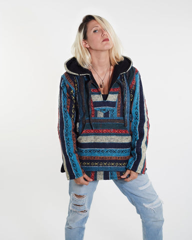 Blue Hippie Traditional Nepalese Gheri Cotton Fabric Hoodie