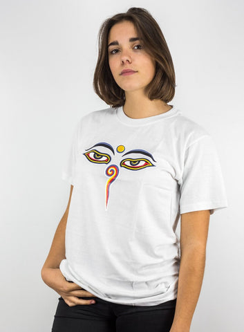 White T-Shirt With Eyes of the Buddha Symbol